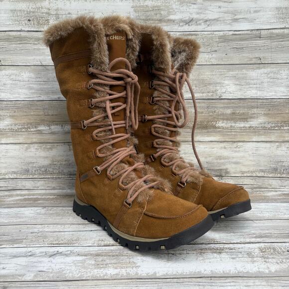 Sketchers Boots Sz 8 Grand Jams Unlimited Suede Faux Fur Lace Up Zipper Winter - Picture 1 of 10